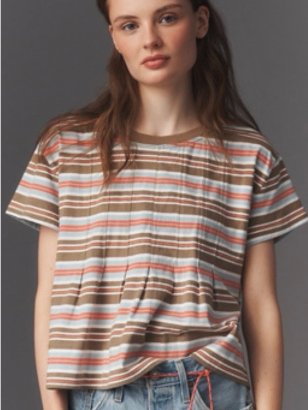 Anthropologie Striped Short-Sleeve Tee in Brown, Light Blue & Coral